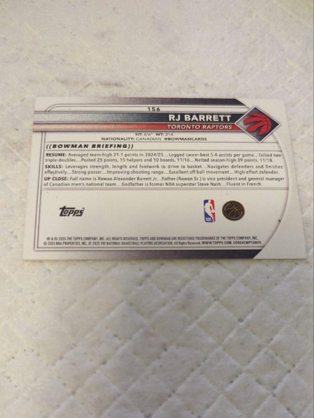 Topps Toronto Raptors RJ Barrett Trading Card - Blue & Red - Picture 2 of 2